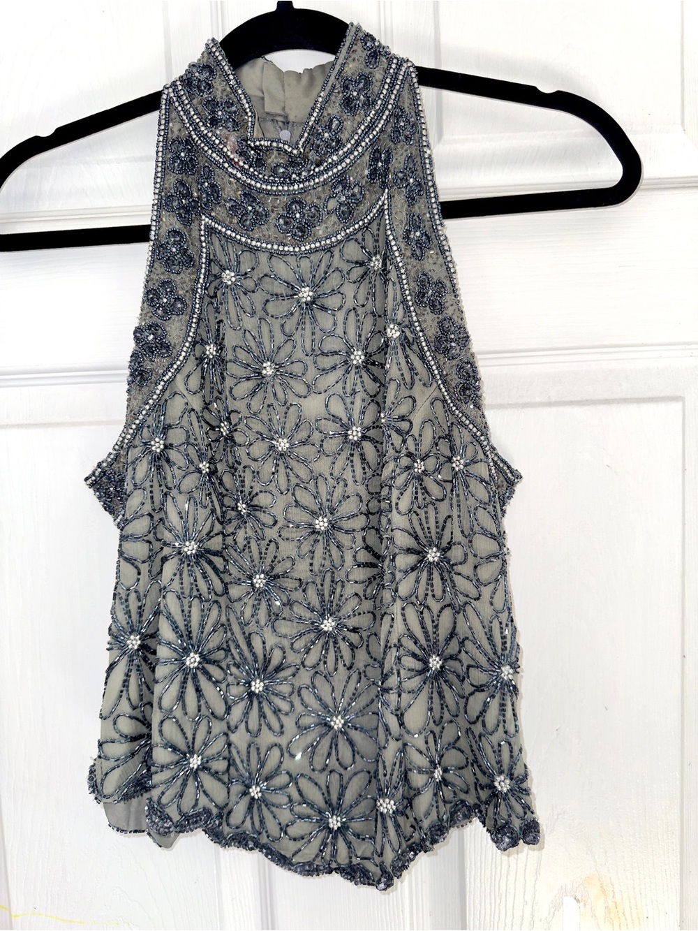 Mark & John Beaded Floral Halter Top in Silver Gray